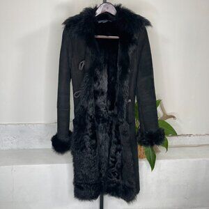 VTG Ralph Lauren Shearling Overcoat Medium Black Leather Fur Trim Toggle Closure